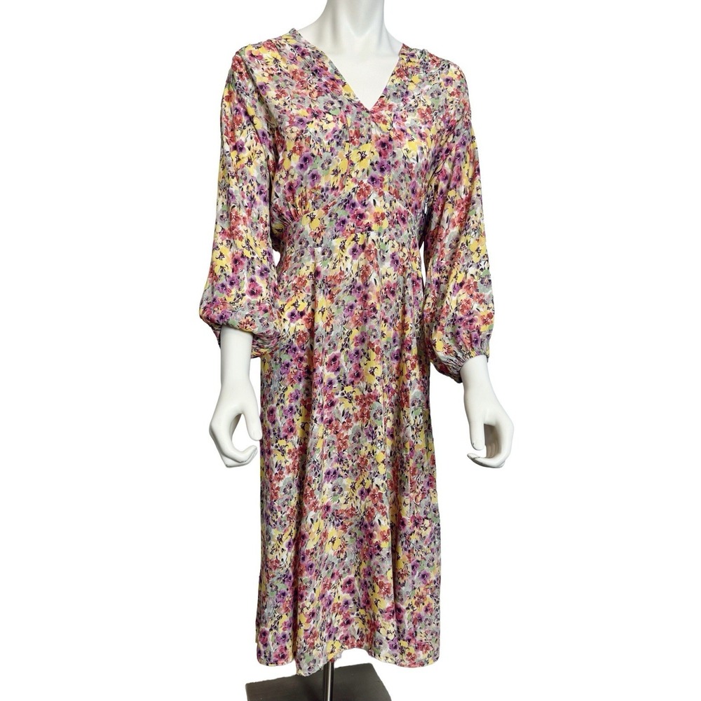 Hazel & Folk Floral Midi Dress XL V Neck Puff Sleeve Cottagecore Boho Spring